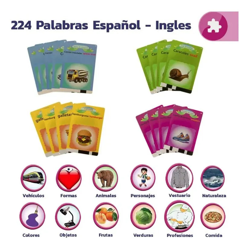 Juguete educativo interactivo con 112 tarjetas de vocabulario doble cara que permite a los niños aprender palabras, animales, colores y objetos en inglés y español de forma divertida y segura