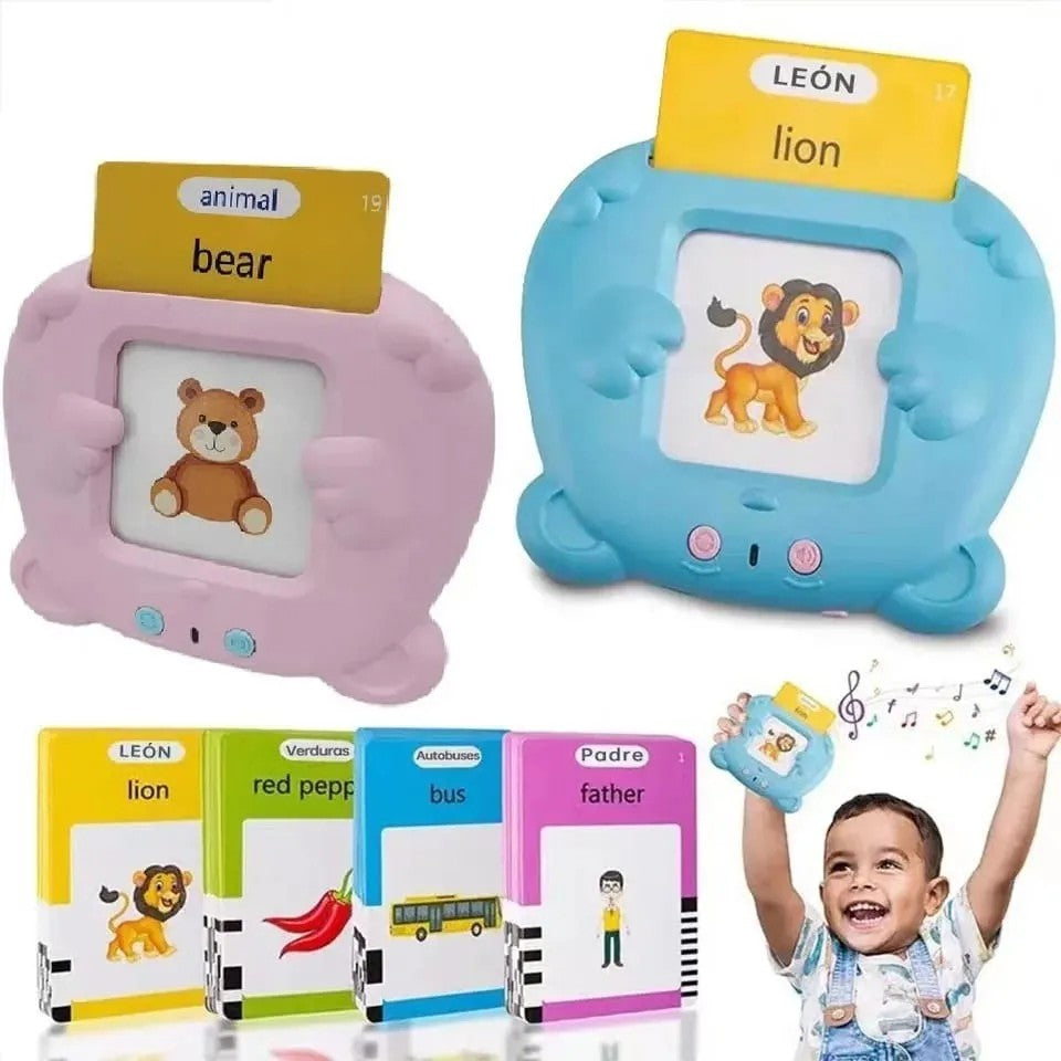 Lector bilingüe Pequetino para niños de 1 a 6 años con tarjetas educativas que enseñan inglés y español mientras estimulan el desarrollo del lenguaje y el aprendizaje temprano