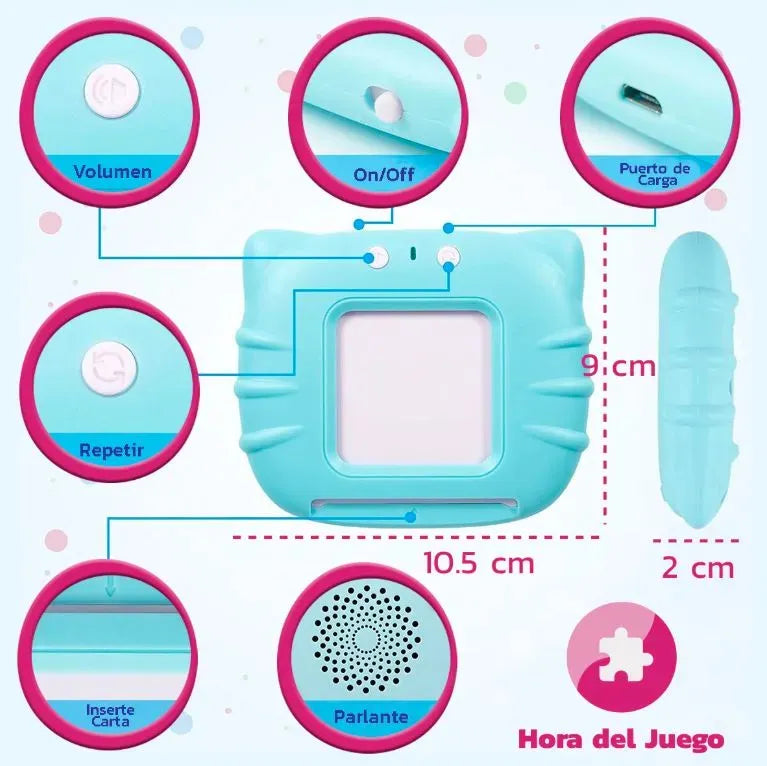 Niño usando lector educativo portátil con tarjetas didácticas que fomentan el aprendizaje sensorial, el desarrollo del habla y el vocabulario bilingüe sin necesidad de pantallas