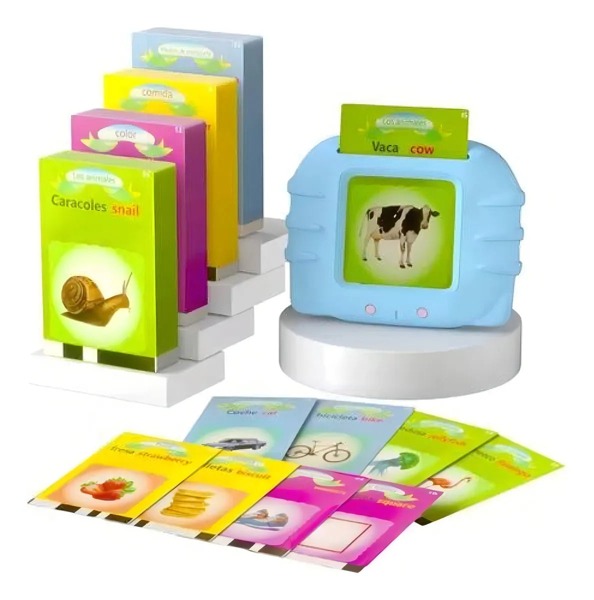 Tarjetas educativas y lector interactivo Pequetino que combinan juego y aprendizaje para desarrollar habilidades de lenguaje, vocabulario y comunicación bilingüe en niños pequeños
